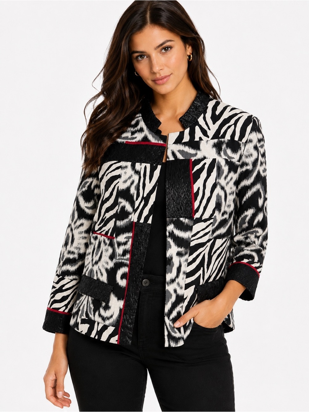 Chico’s Size 1 (M-8) Animal Print Open Front Jacket Black White Red Trim Blazer